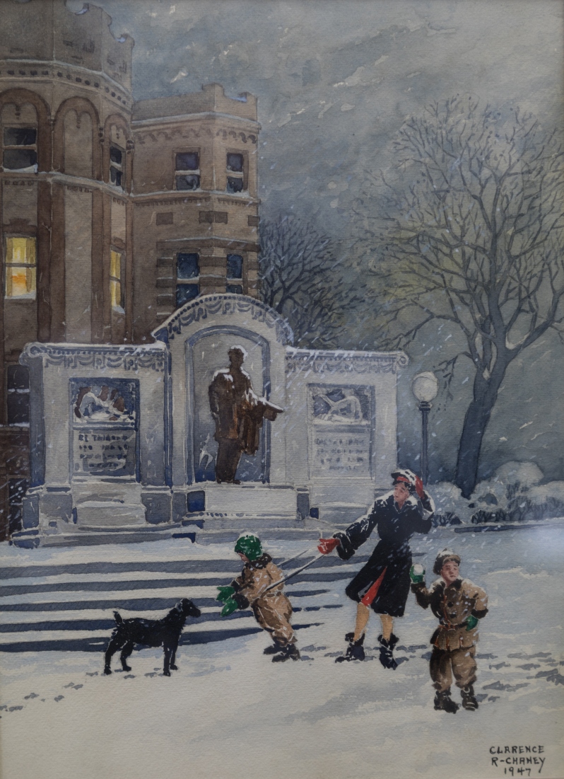 Product Description: Notecard and envelope with Clarence R. Chaney's Thomas Lowry Monument on the front. Artwork information on the back.</br></br>The original work is in Hennepin History Museum's art collection.</br></br>Dimensions: 6" x 4.5"</br> Notecard - Thomas Lowry Monument, 1947