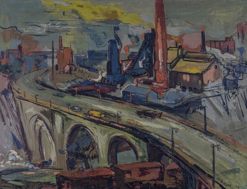 Product Description: Postcard with Josephine Lutz Rollins' Tenth Avenue Bridge on the front. Artwork information on the back.</br></br>The original work is in Hennepin History Museum's art collection.</br></br>Dimensions: 6" x 4"</br> Postcard - Tenth Avenue Bridge, 1948