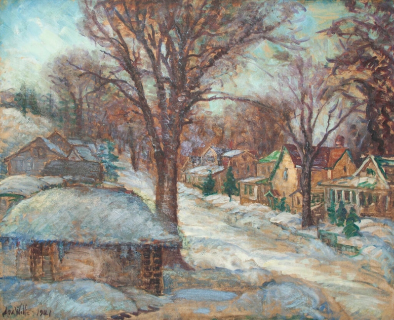 Product Description: Notecard and envelope with Ada Wolfe's Ivy Lane, 1941, on the front. Artwork information on the back.</br></br>The original work is in Hennepin History Museum's art collection.</br></br>Dimensions: 6" x 4.5"</br> Notecard - Ivy Lane, 1941