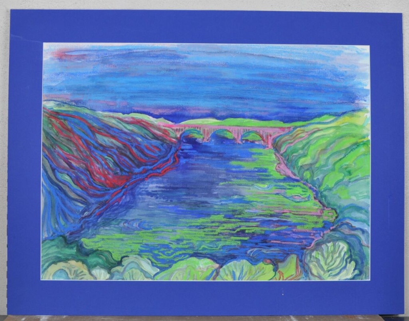 Product Description: Notecard and envelope with Bettye Olson's Water and Bridge, c. 1999, on the front. Artwork information on the back.</br></br>The original work is in Hennepin History Museum's art collection.</br></br>Dimensions: 6" x 4.5"</br> Notecard - Water and Bridge, c. 1999