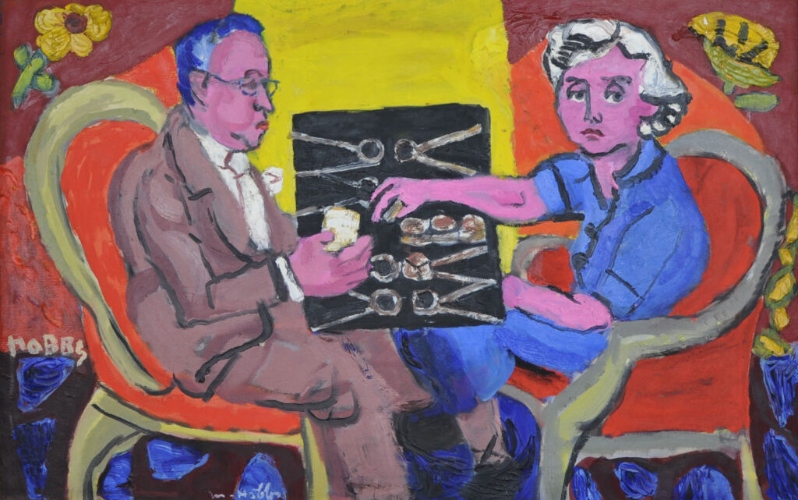 Product Description: Postcard with Mary Gale Hobbs' Backgammon Players, 1951, on the front. Artwork information on the back.</br></br>The original work is in Hennepin History Museum's art collection.</br></br>Dimensions: 6" x 4.5"</br> Postcard - Backgammon Players, 1951