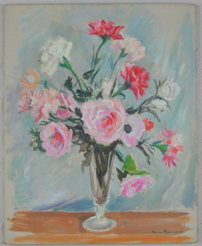 Product Description: Postcard with Frances Cranmer Greenman's Still Life with Flowers, c. 1970, on the front. Artwork information on the back.</br></br>The original work is in Hennepin History Museum's art collection.</br></br>Dimensions: 6" x 4.5"</br> Postcard - Still Life with Flowers, c. 1970