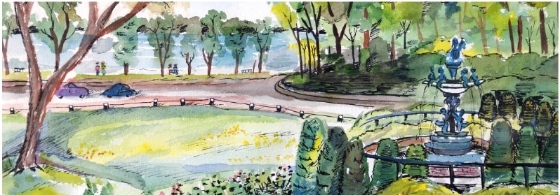 Product Description: Bookmark - 2.75" x 8.25"</br></br>Heffelfinger Fountain, 1952</br></br>Paul Frederick Johnson</br> Bookmark - Heffelfinger Fountain, 1952