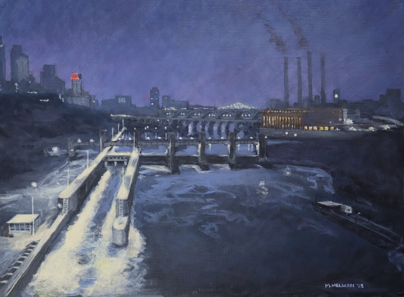Product Description: Matted print of "Lock and Dam No. 2, Minneapolis", 2013, by Mike Melman.</br></br>8" x 10"</br> Matted Print: Lock and Dam No. 2, Minneapolis, 201