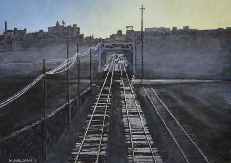 Product Description: Matted print of "Nicollet Island Railroad Bridge, Minneapolis", 2017, by Mike Melman.</br></br>8" x 10"</br> Matted Print: Nicollet Island Railroad Bridge, Min