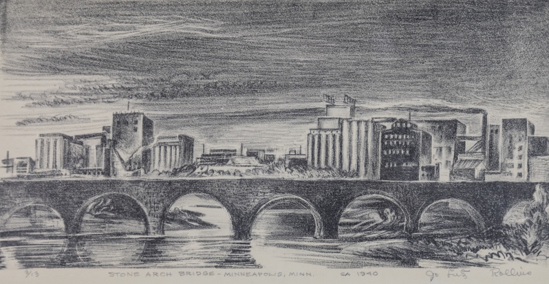 Product Description: Panorama with Josephine Lutz Rollins' The Stone Arch Bridge on the front. Artwork information on the back.</br></br>The original work is in Hennepin History Museum's art collection.</br></br>Dimensions: 9" x 4"</br> Postcard - The Stone Arch Bridge, 1942