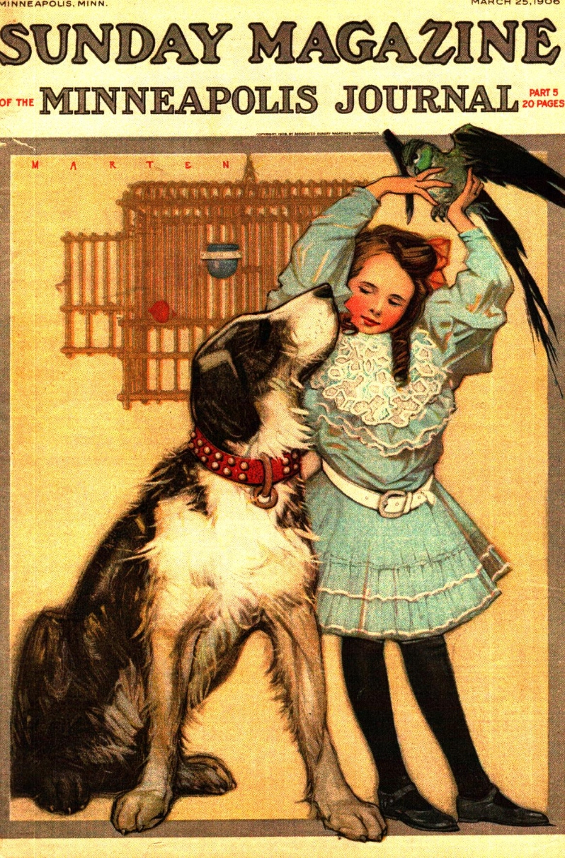 Product Description: Postcard with the Mar 25, 1900 edition of the Sunday Magazine of the Minneapolis Journal on the front.</br></br>Dimensions: 6" x 4"</br> Postcard - Sunday Magazine: Girl, Bird, Dog