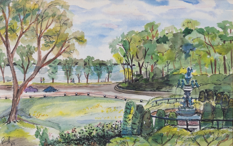 Product Description: Matted print of Paul F. Johnson'sHeffelfinger Fountainon the front.</br></br>The original work is in Hennepin History Museum's art collection.</br></br>Dimensions: 8" x 10"</br> Matted Print: Heffelfinger Fountain, 1952